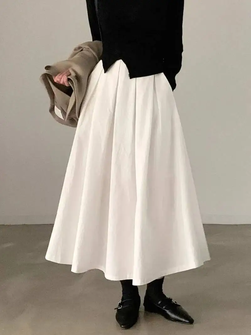 

Белая корейская шикарная простая юбка трапециевидной формы средней длины Юбка до половины тела Свободная посадка с высокой талией Однотонная длинная юбка 3YEV