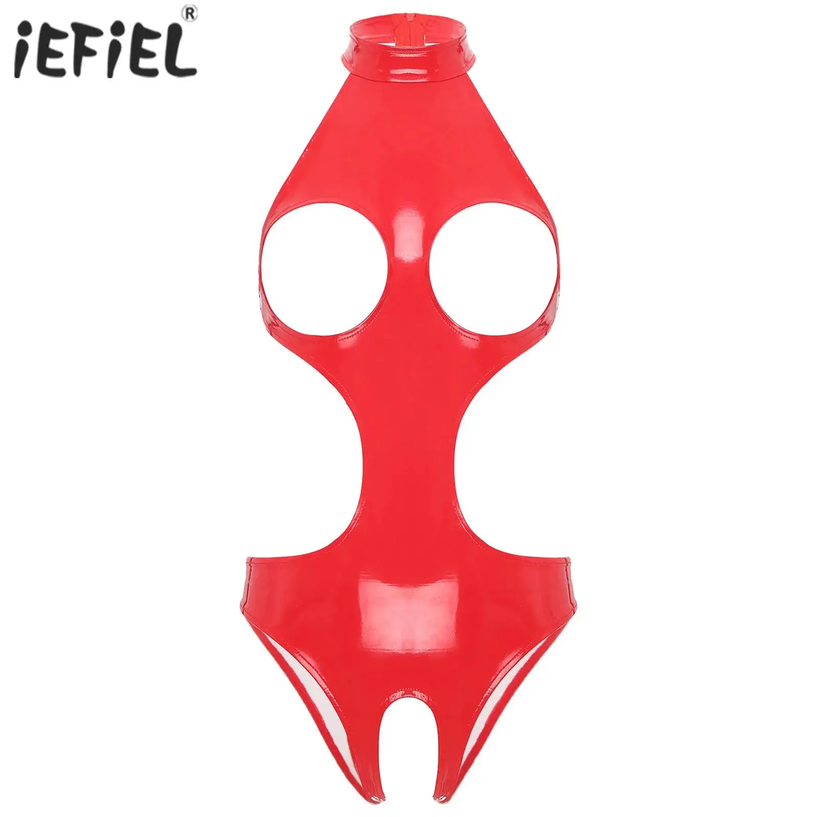 

Womens Wet Look Cutout Bodysuit Halter Cup Hollow Out Open Crotch Back Zipper Bodycon Jumpsuit Tempting Lingerie Nightwear