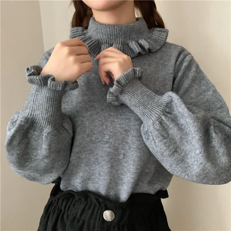 Ruched Turtleneck Pullovers Women Casual Sweet Cute Students Preppy Japanese Style Solid Sweaters Long Sleeve Pull Femme  Autumn