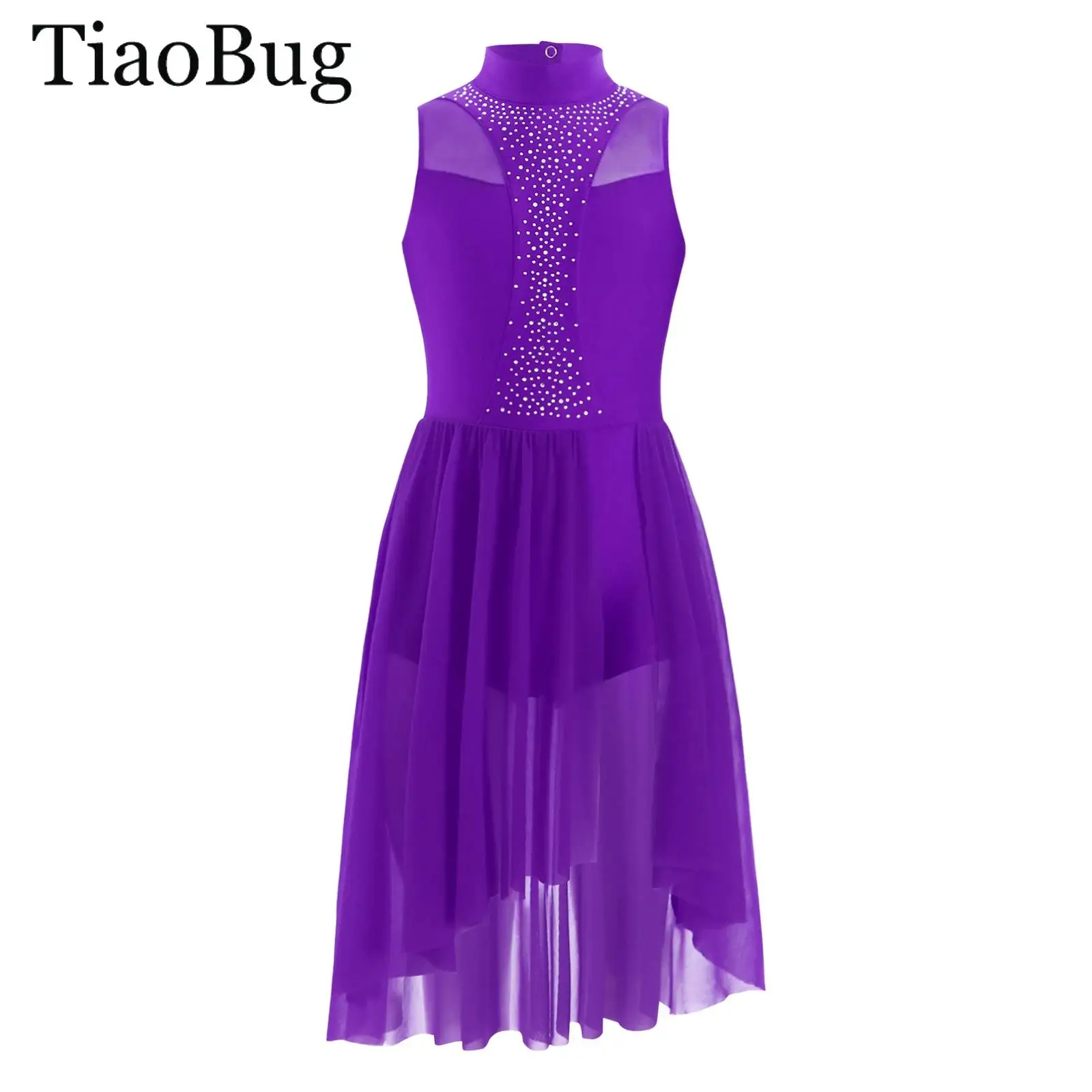 

Kids Girls Gymnastic Ballet Lyrical Dance Dress Sleeveless Rhinestone Figure Skating Leotard Dress Modern Contemporary Dancewear