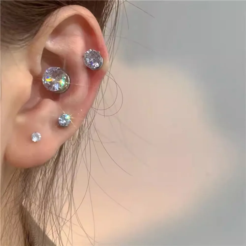 Shiny Round Zircon Magnetic Stud Earrings for Women No Piercing Clip on Ear Cuff Non Pierced Ear Jewelry Trendy Daily Party Gift