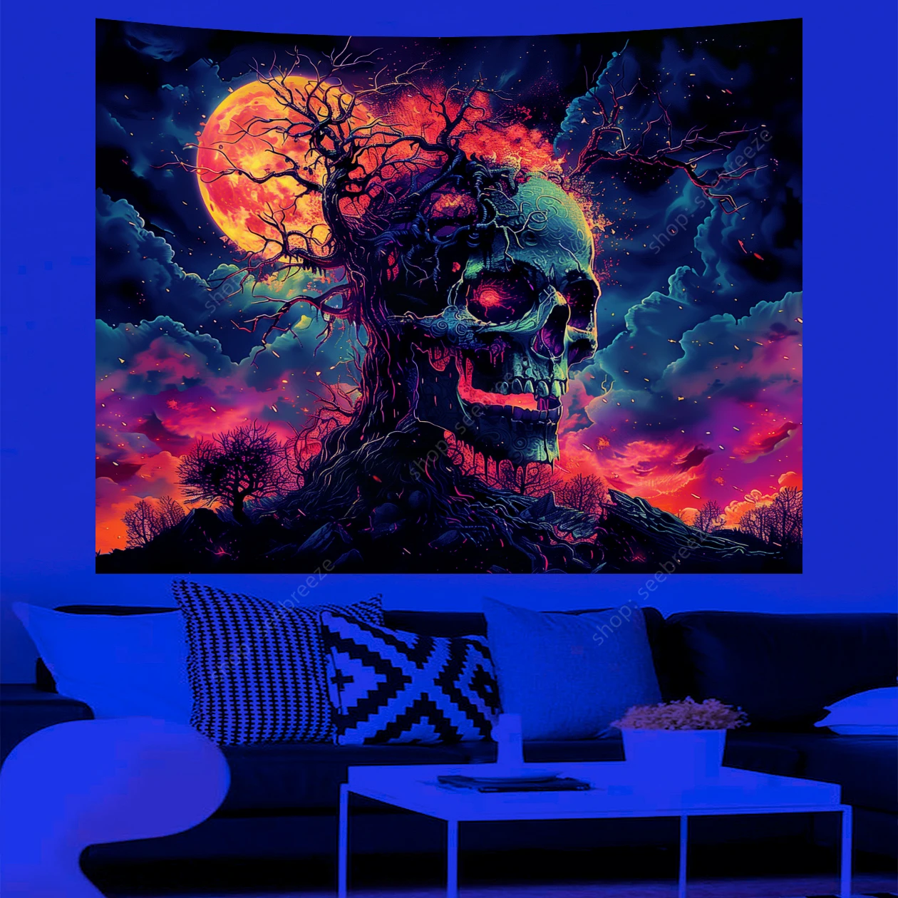 Psychedelic Skull UV Reactive Tapestry Colorful Flames Glow in The Dark Tapestry Wall Hanging Hippie Room Decor Home Wall Decor