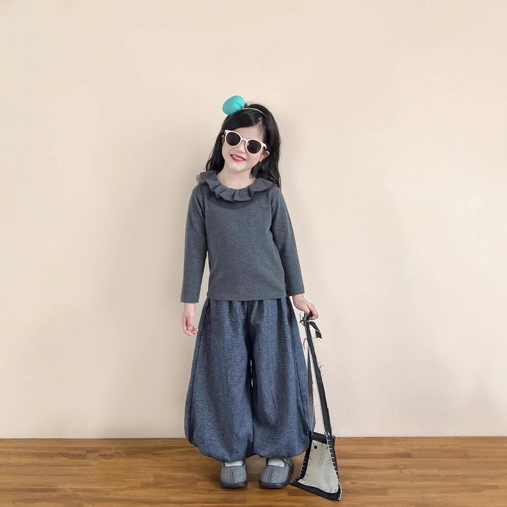 Girls Layered Set Grey Knitted Vest + Ruffle Collar Top + Checkered Loose Pants Three-Piece Outfit for Toddler Kids 2-8 Years