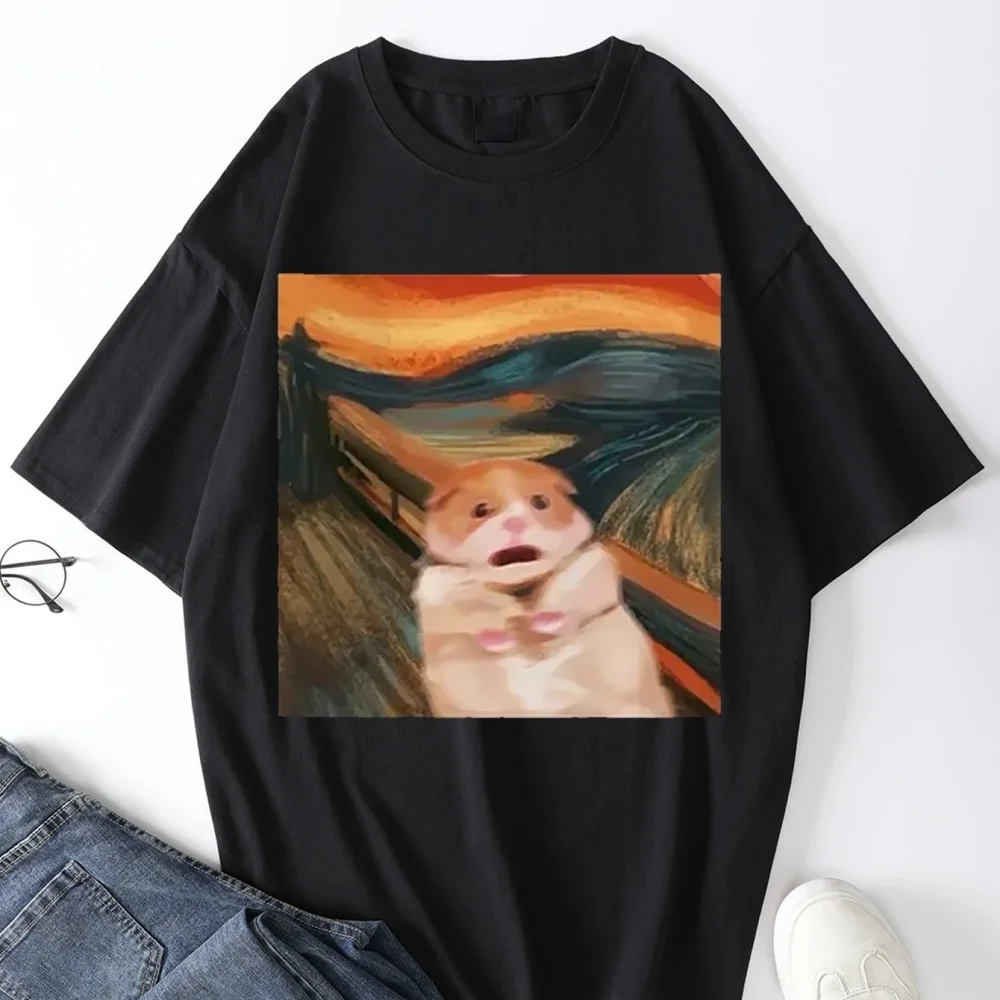 Funny Screaming Hamster Graphic Print Creative Top Casual Short Sleeve Crew Neck T-shirt Clothing for Summer Women Clothing
