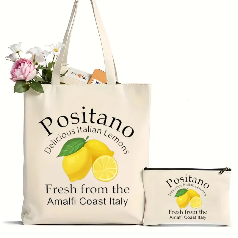 2PcsPositano Delicious Italian Lemons Fresh From The Amalfi Coast Italy, All-Match Versatile Shopping Grocery Handbag For Women