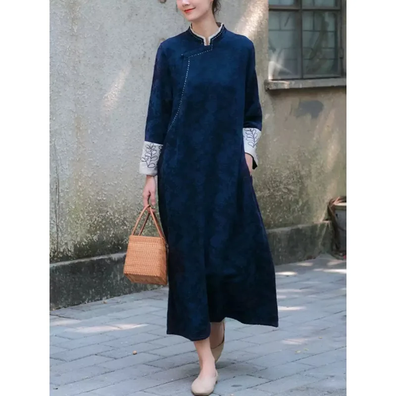 New Chinese diagonal placket improved cotton and linen dress retro Republic of China style jacquard stand-up collar cheongsam