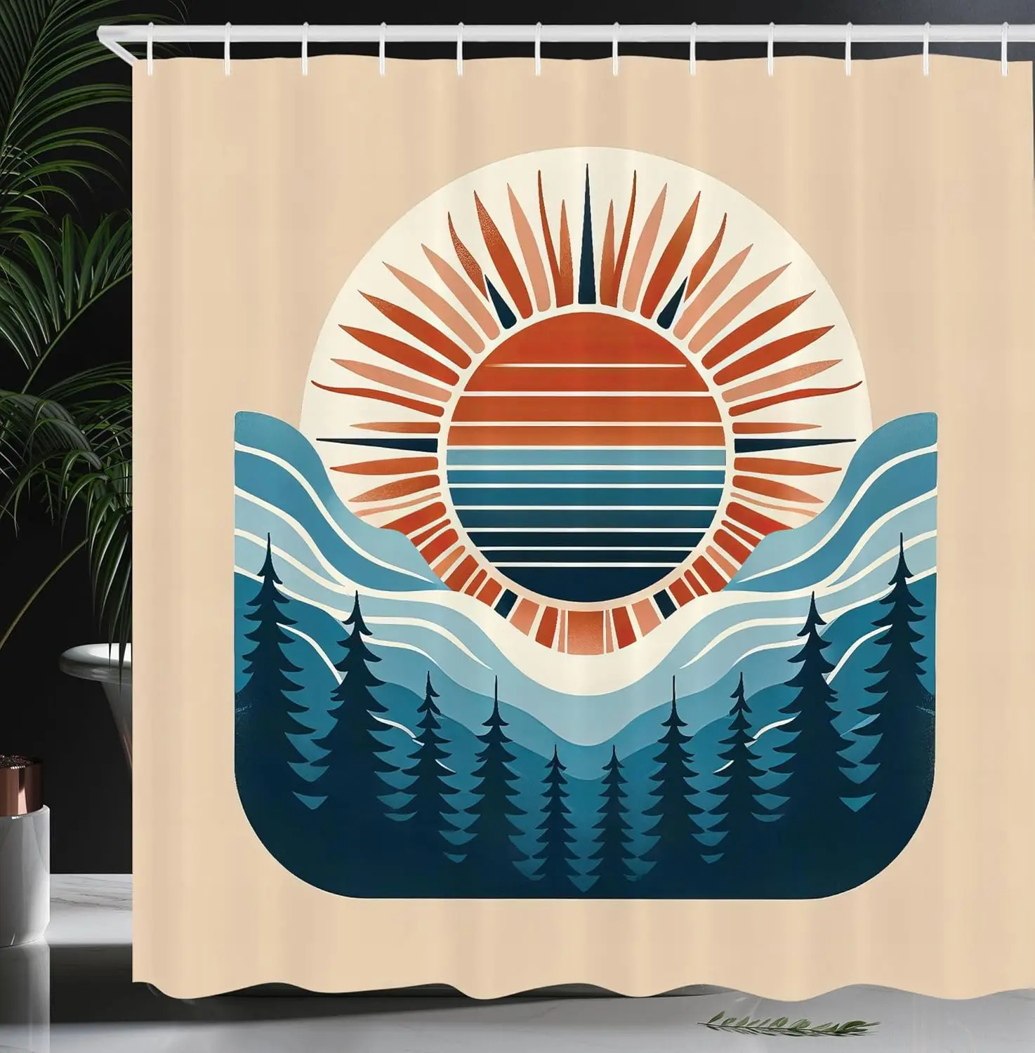 

Boho Shower Curtain Retro Abstract Sun Mountains Forest Paint Bohemian Vibe Pale Peach Sea Blue Amber Decor Hooks