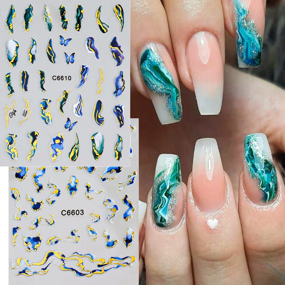 1pc 3D Marble Blue Gold Nail Sticker Wave Line Geometry Abstract Ink Blooming Nail Art Sliders Decals For Manicure Decorations
