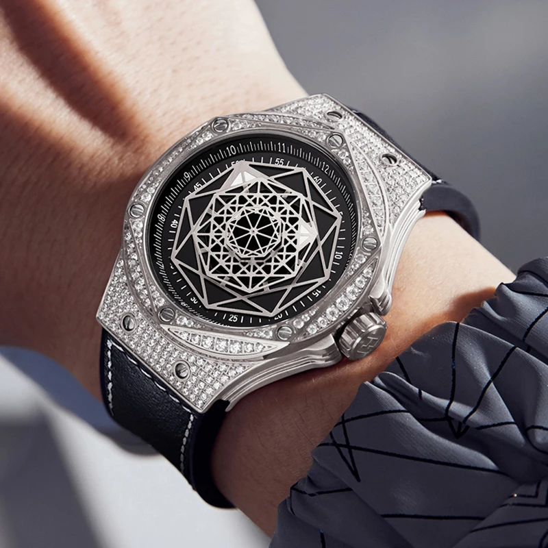 HANBORO, reloj automático para hombre, 43MM, reloj de pulsera mecánico de lujo, manecillas geométricas luminosas, bisel Hexagonal, caja completa de cristal