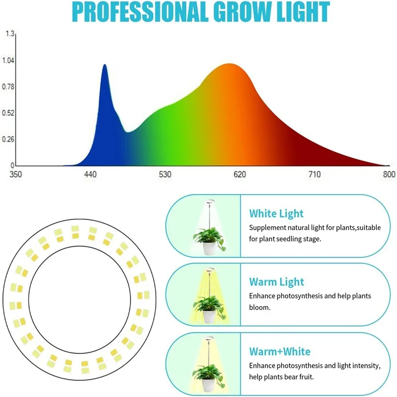 1/2/3 anneaux plante à spectre complet Halo lumière de croissance à intensité variable avec minuterie pour plantes de bureau d'intérieur petite plante lumière réglable en hauteur