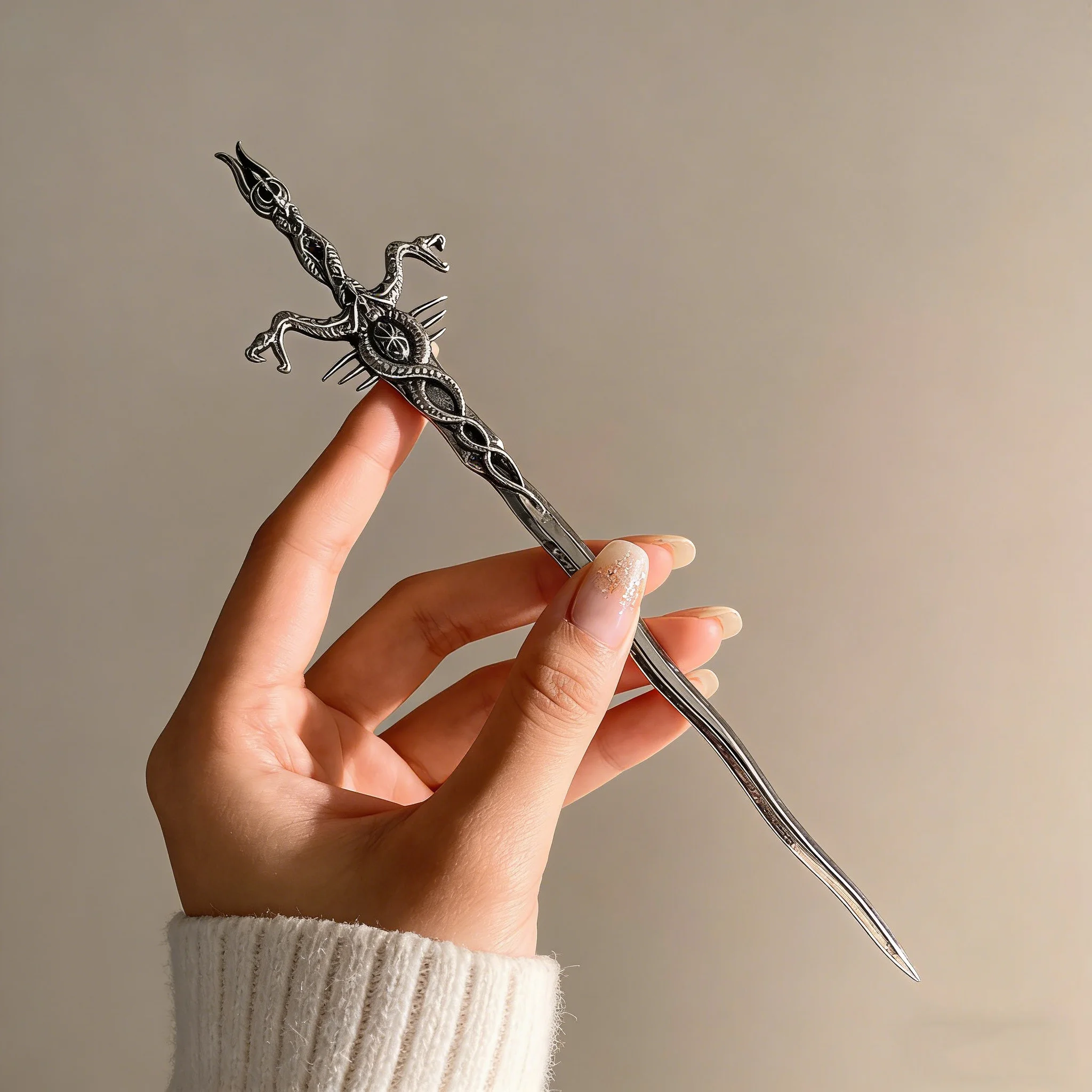 1 szt. Szpilka do włosów w kształcie smoka, srebrny metal, wyrafinowane, bogato zdobione detale, motyw dark fantasy, idealna do cosplayu, gotycka, unikatowa.