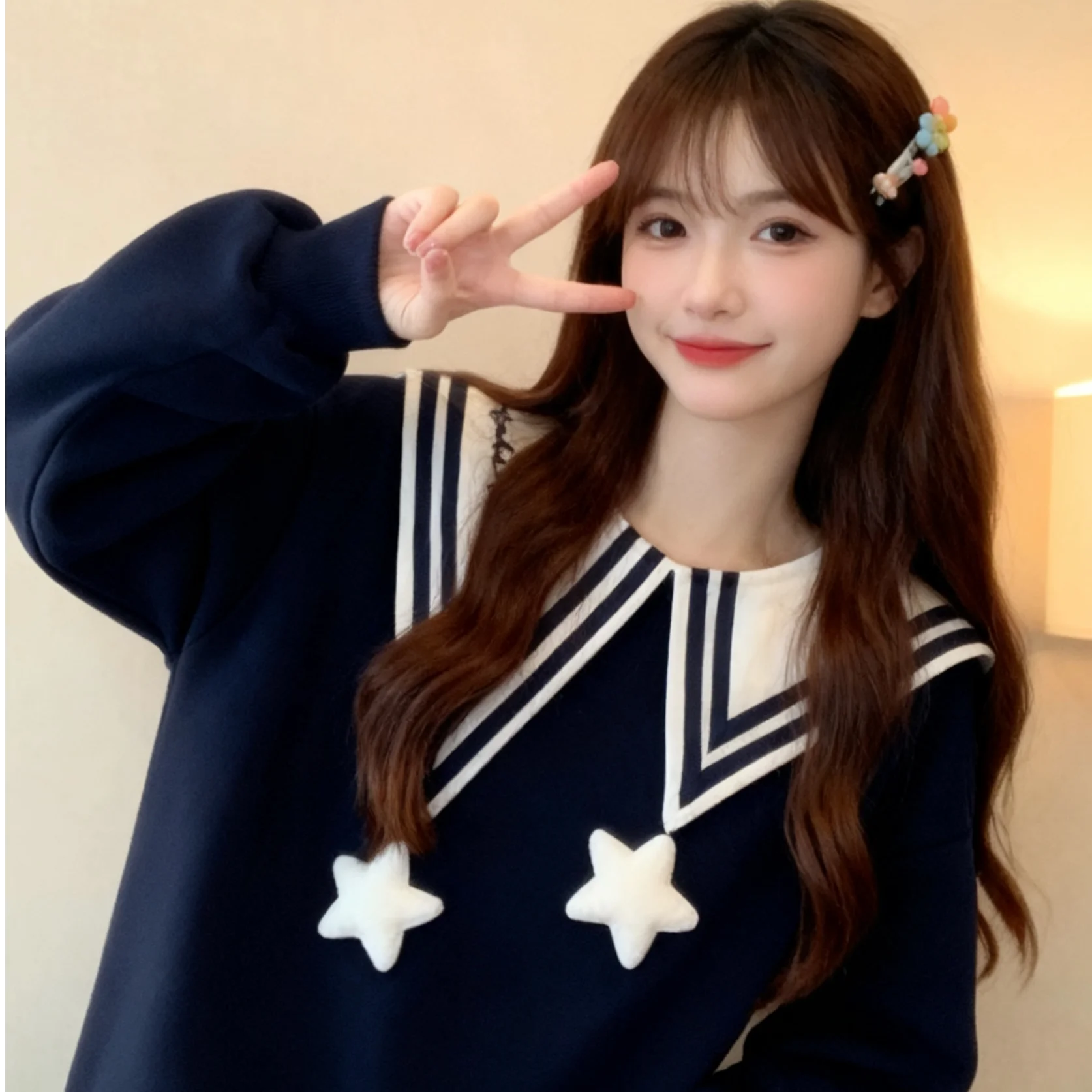 

Faionable Oversized Fce Lined Sweet Patchwork Sweatirt Trendy Agel Autumn Winter Loose Top for Young Women