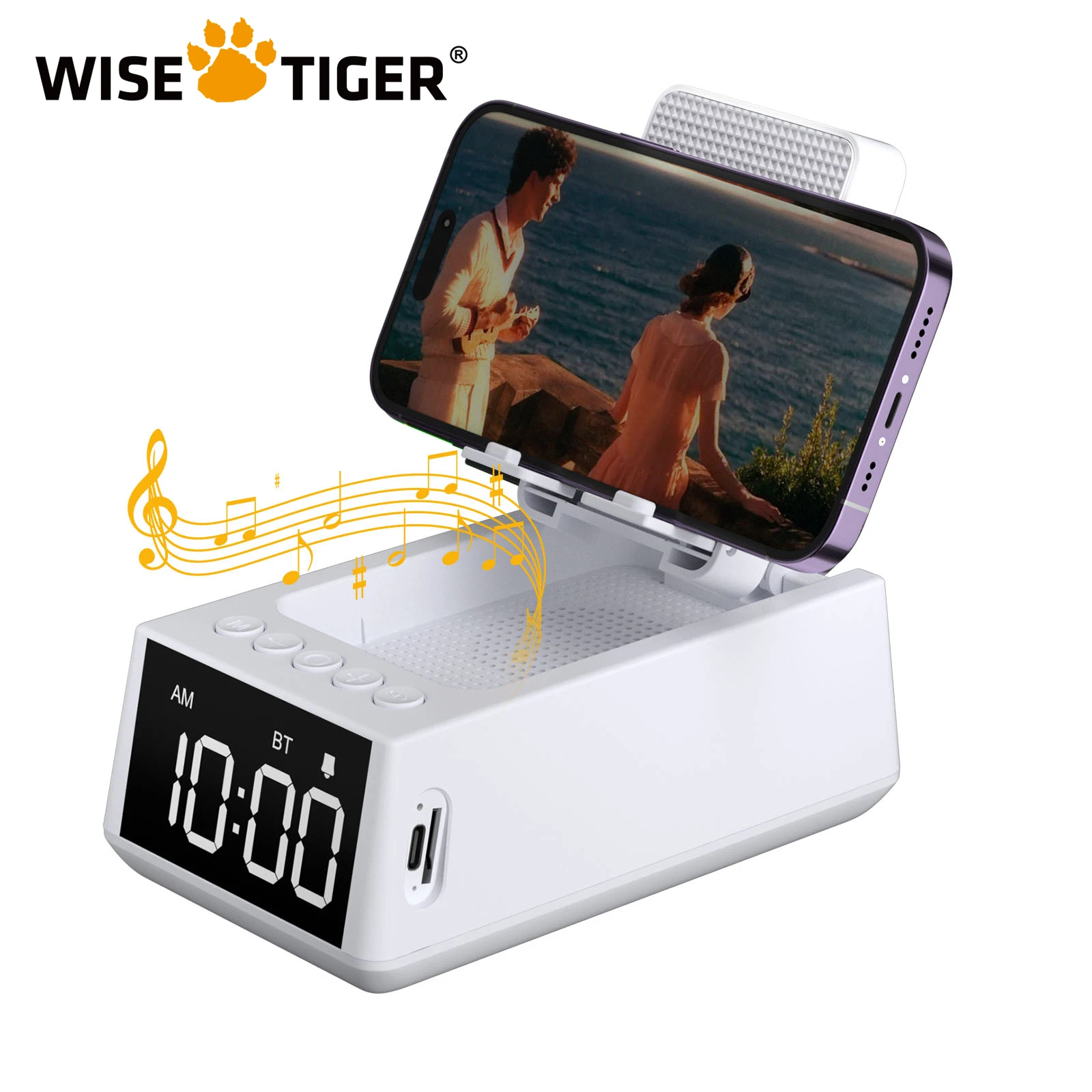 WISETIGER Foldable Music Bluetooth Speaker Stand Speaker with Alarm Clock BT5.3 Sound Box with 12H Display for Home Best Gift