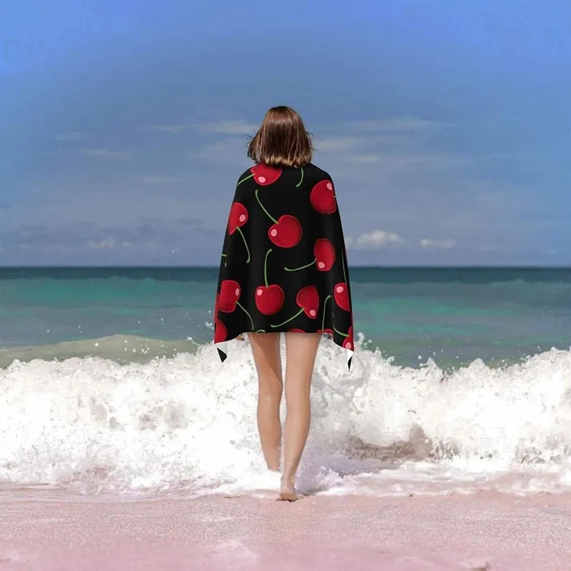Super Soft Microfiber Beach Towel Absorbent Lightweight Bath Towel with Red Cherry Geometric Pattern for Pool Gym Travel