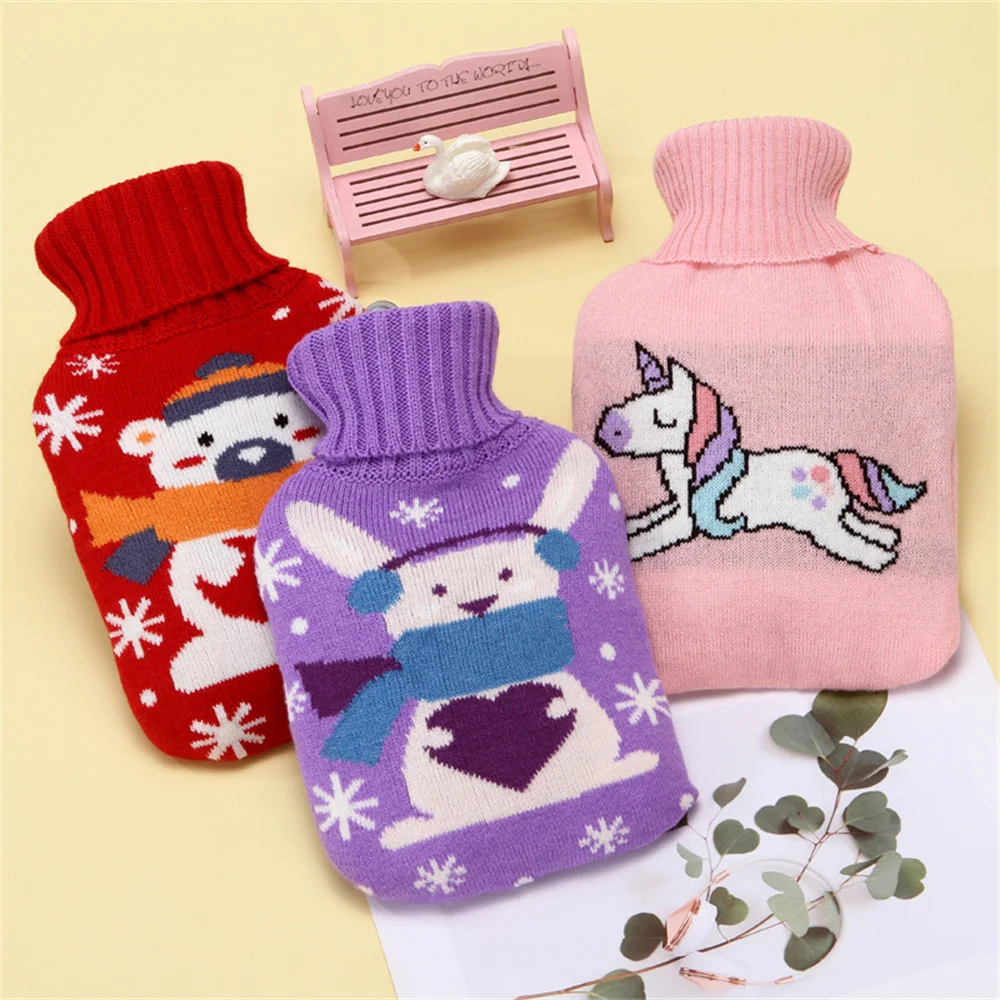 2000ml Christmas Hot Water Bottle Knitted Cover Hand Foot Warmer Cartoon Household Water Bag Protective Cover Heater Hand Warmer