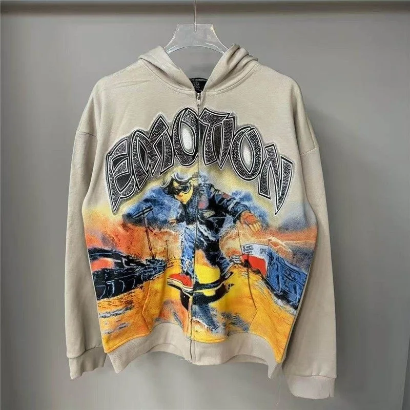 Mixed Emotion High Street Beaded Letter Print Hooded Pullover Sweater for Men and Women, Loose-Fitting Casual Coat