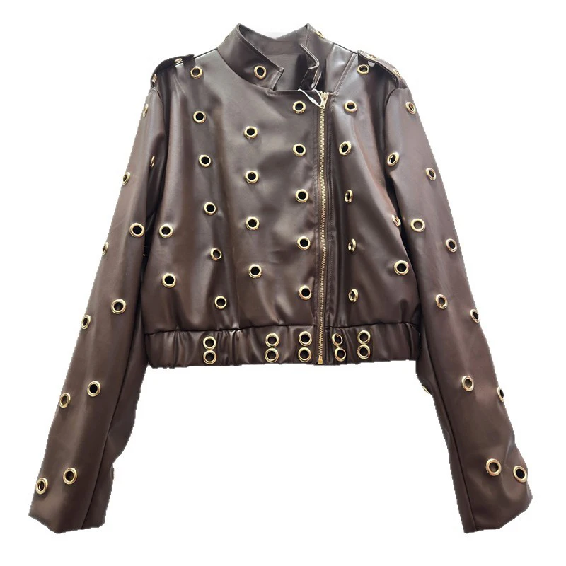 WTHT, chaqueta con cuello levantado de cuero PU con diseño de Metal calado para mujer, abrigo de manga larga a la moda para invierno 2025, 1LS2747