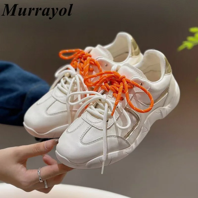 

Round Toe Genuine Leather Thick Bottom Casual Shoes Women's Lace-up Solid Color Flat Shoes Four Seasons Sneakers Daddy Shoes