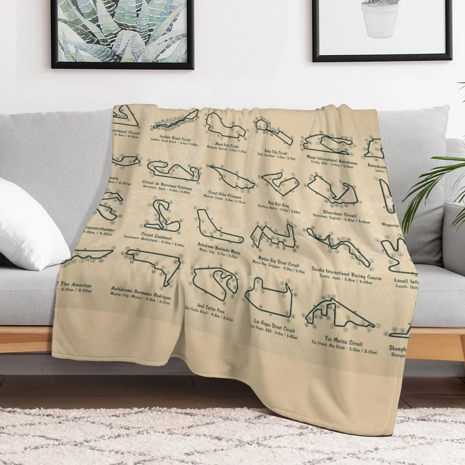 F1 Race Tracks (Horizontal-Parchment) Throw Blanket Thins Bed linens Blankets