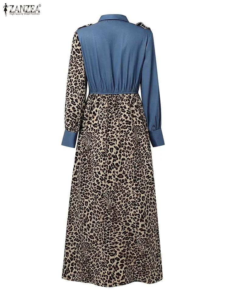 ZANZEA Fashion Women Denim Long Shirt Dress Long Sleeve Leopard Print Maxi Vestidos 2025 Patchwork Party Elegant Ruffled Robe