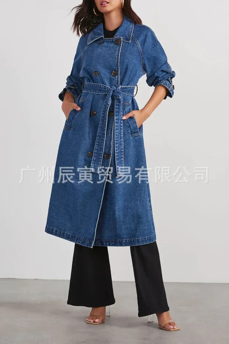 Women Trench Single Breasted Turn Down Y2k Denim Coats Pockets Jackets Loose Button Spring High Street Work Elegant Streetwear