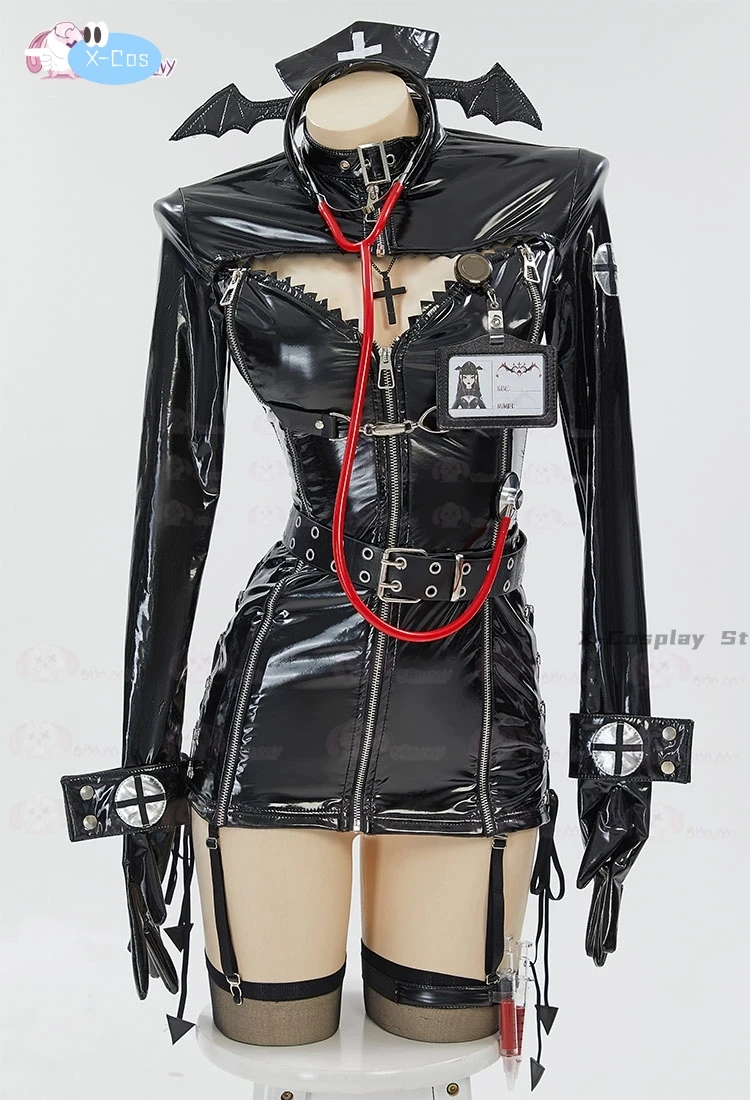 Fantasia Cosplay Enfermeira Gótica de Halloween, Uniforme Preto Sexy, Bandana com Meias Altas para a Coxa e Colar, Em Stock