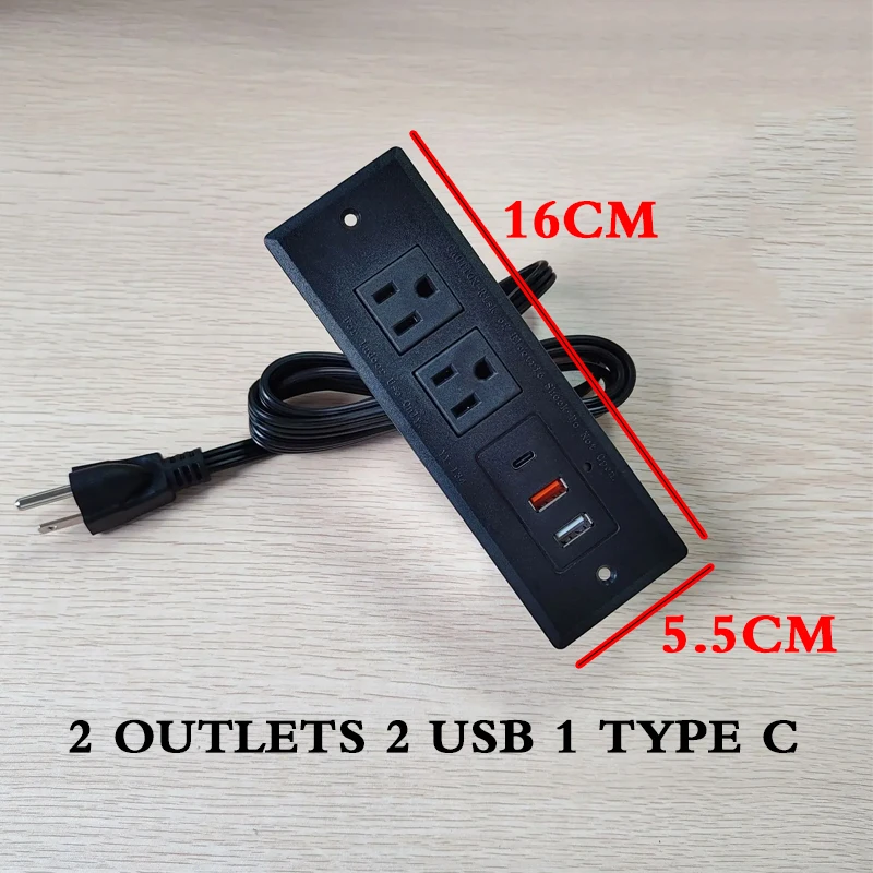 US Table Power Sockets 15A PD 20W USB 2 Outlets 2 USB 1 Type-c 110 220v Office Row Bookcase Furniture Row Hidden Strip Socket