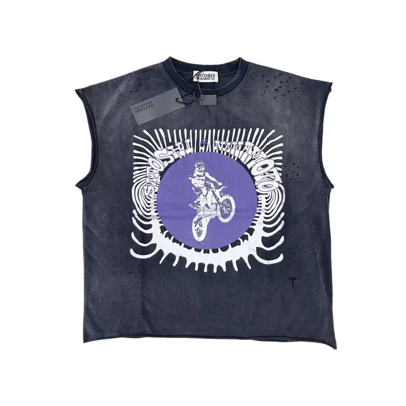 Good Quality Loose Vintage SATOSHI Sleeveless T Shirt Men Woman Fashion Vest  Washed Black Pink Oversize Streetwear