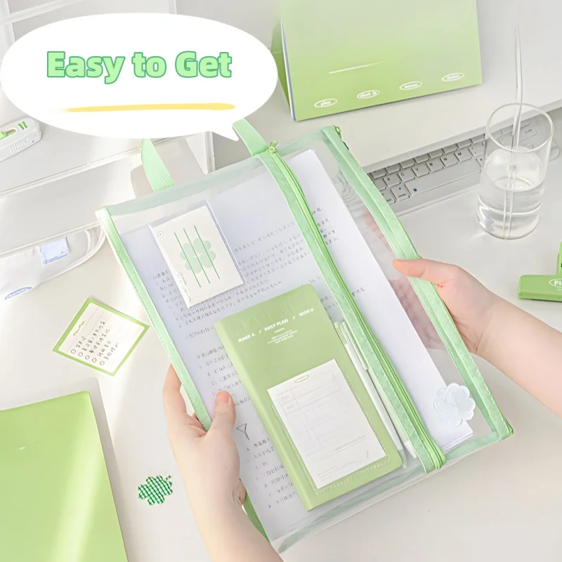 Green Clover A4 File Mesh Bag Documents Folder Double Zipper Layer Easy Carry Handle Office Travel School A3004