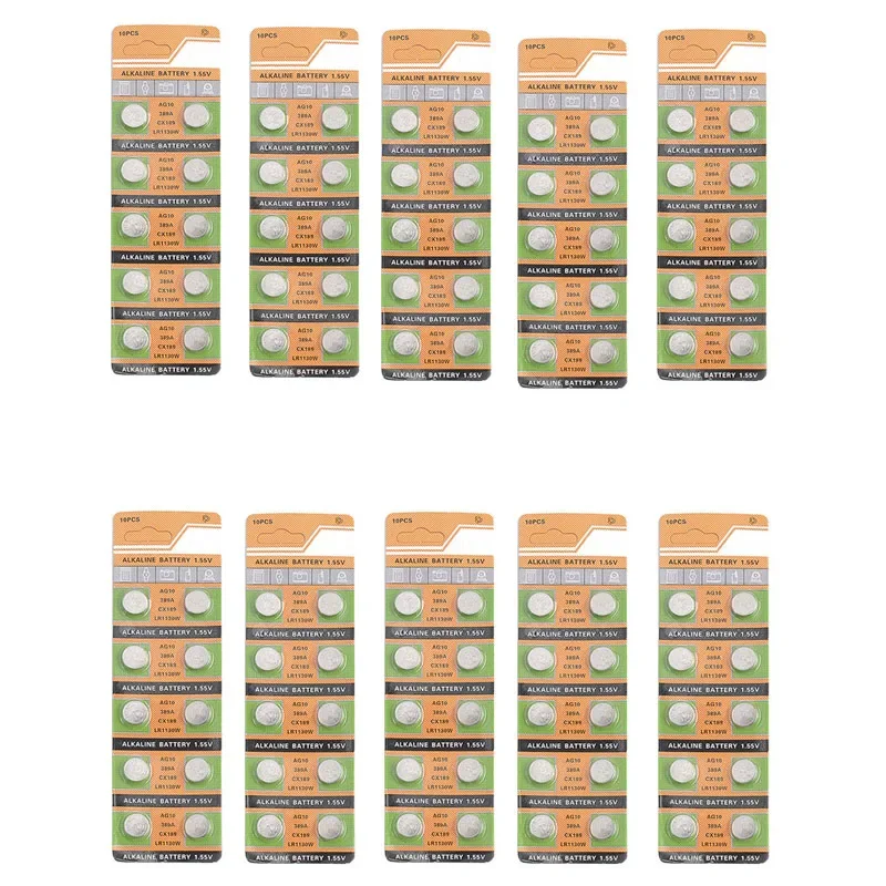 زر خلية عملة البطارية للعب ساعة اليد ، التحكم عن بعد ، 30mAh ، 1.55V ، AG10 ، G10 ، LR1130 ، SR54 ، 389 ، 189 ، SR1130 ، D189 ، LR54 ، 10 بطاقات ، 100 قطعة