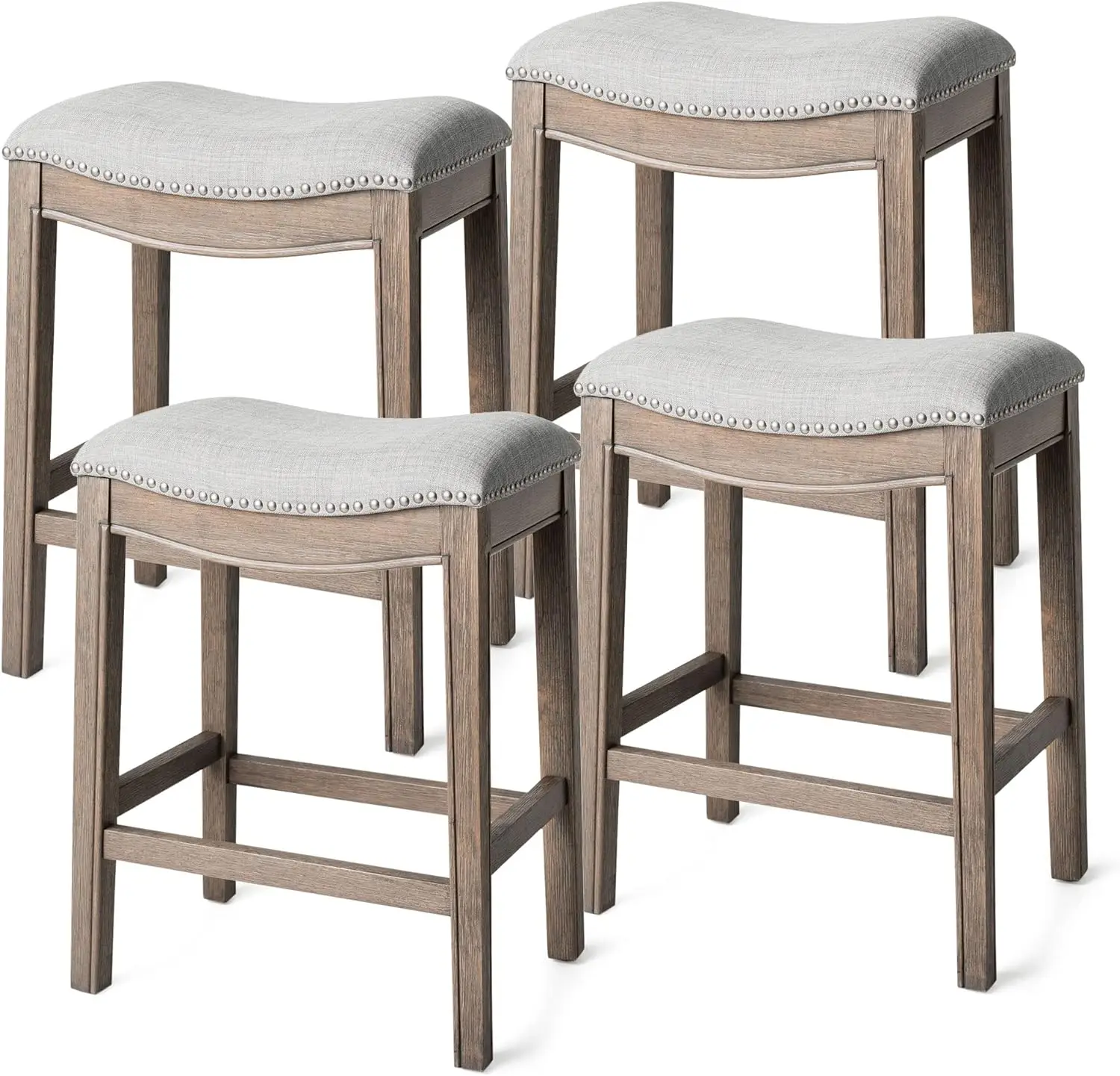 Maven Lane Adrien 26 Inch Counter Height Upholstered Backless Saddle Barstool In Reclaimed Oak Finish With Ash Grey Fabric