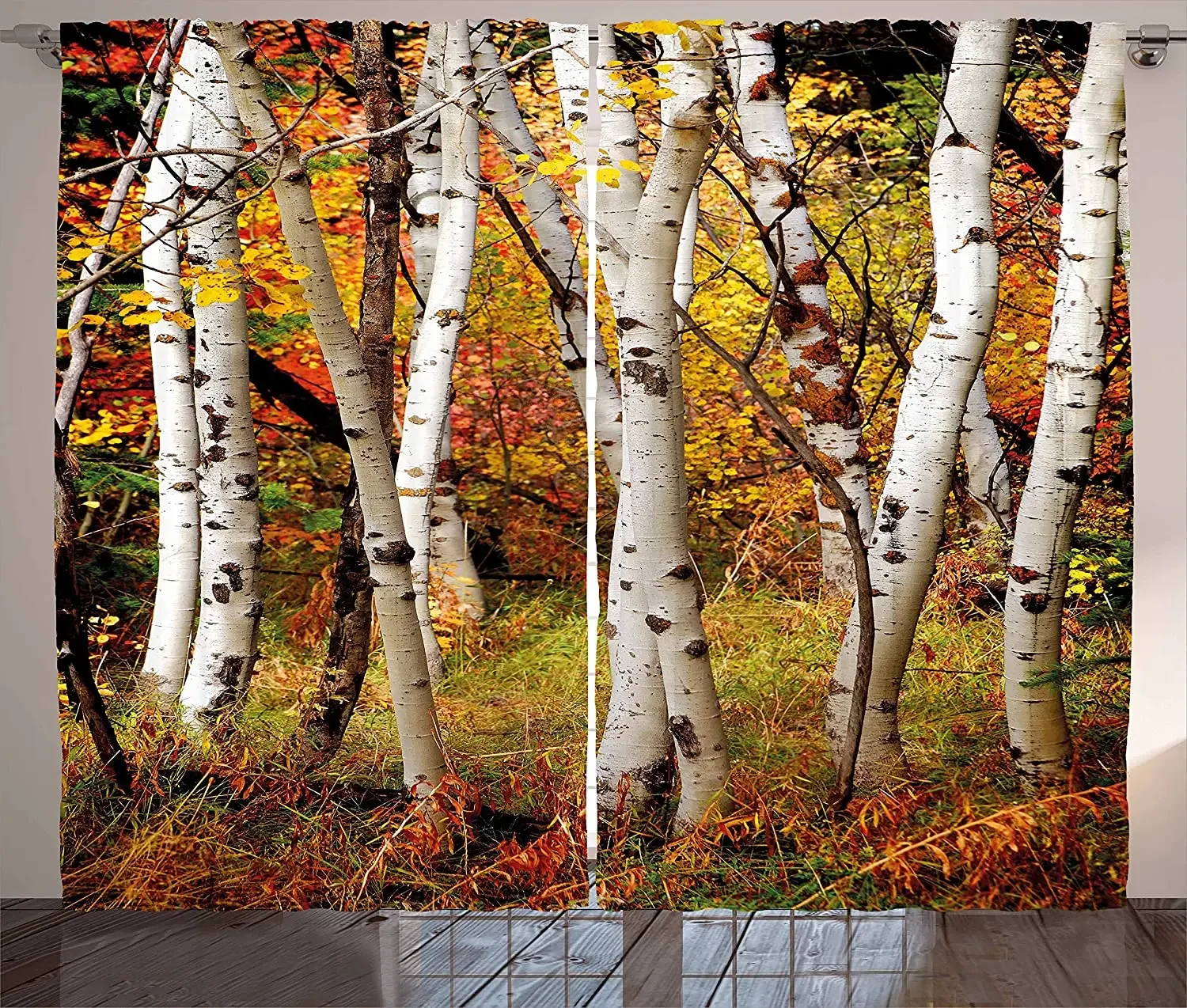 Fall Blackout Curtains White Fall Birch Trees with Autumn Leaves Growth Wilderness Ecology Calm View Window Curtain