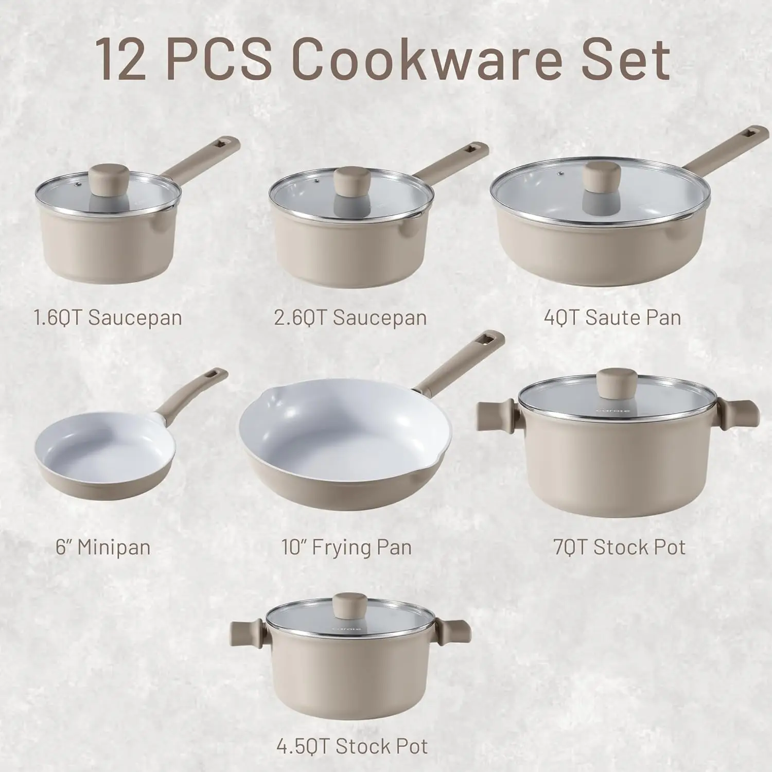 Ceramic Cookware Set 12 Piece, Healthy & Pfoa/Pfas Free, Nonstick Pots And Pans Set, Induction-Compatible, Taupe