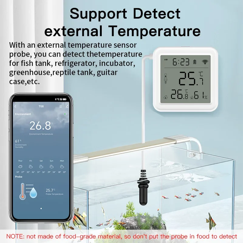 Tuya WiFi Temperature Humidity Sensor With External Probe for Smart Home Hygrometer APP Monitoring For Plants Aquarium Winery