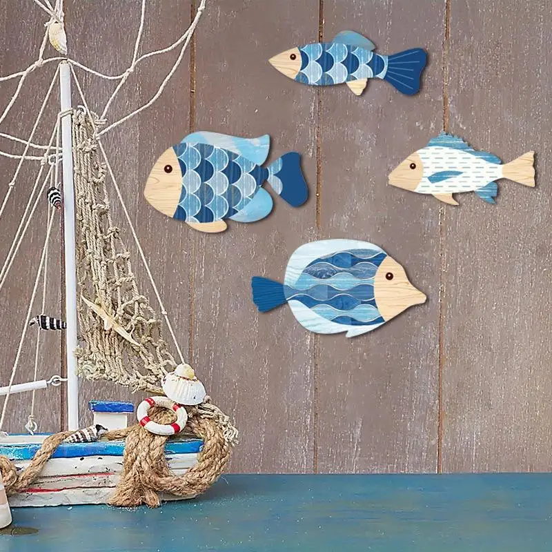 2D Wooden Fish Nautical Walls Beach Art Walls Hang Decorated Marine Style Wood Wall Hanging Sculpture For Home Room Decoration