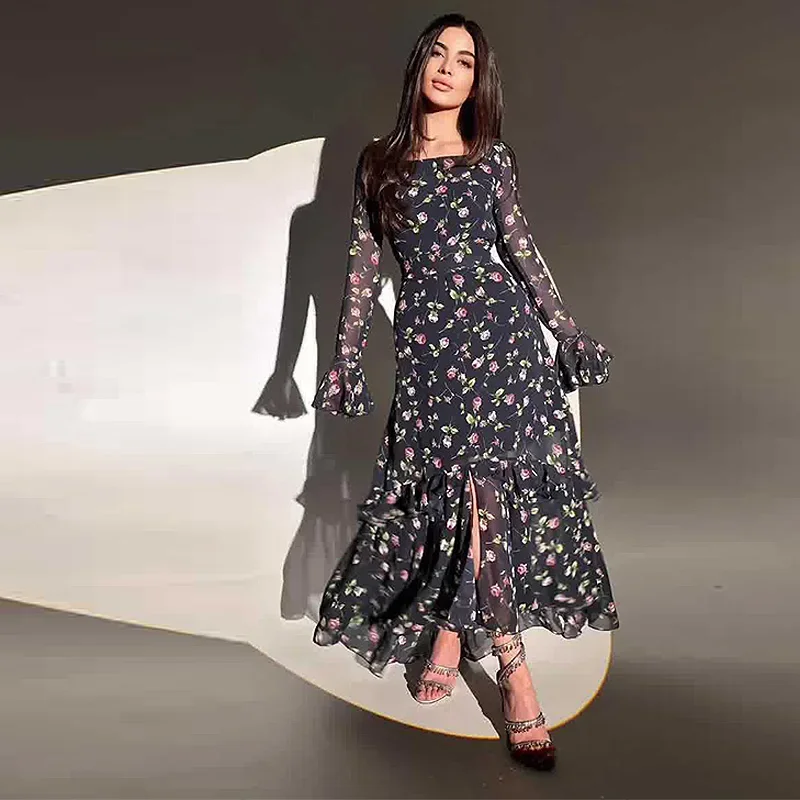 Chiffon Printed Ruffle Dress Women\'s Summer Long Sleeve Stitching High Waist Slim Irregular Floral Evening Dress Long Dress