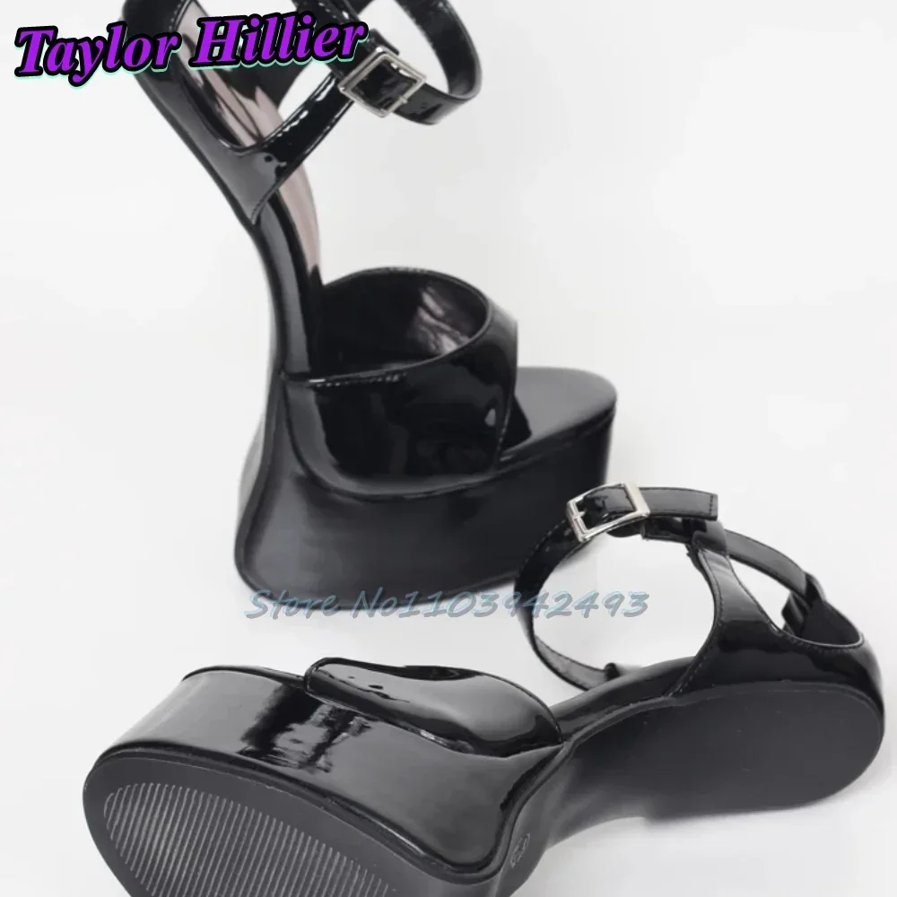 أسود براءات الاختراع والجلود الكعب الصنادل حافر الكعوب منصة المفتوحة تو مشرق الصلبة سوبر عالية الكعب النساء القطب الرقص ملهى ليلي الأحذية #4