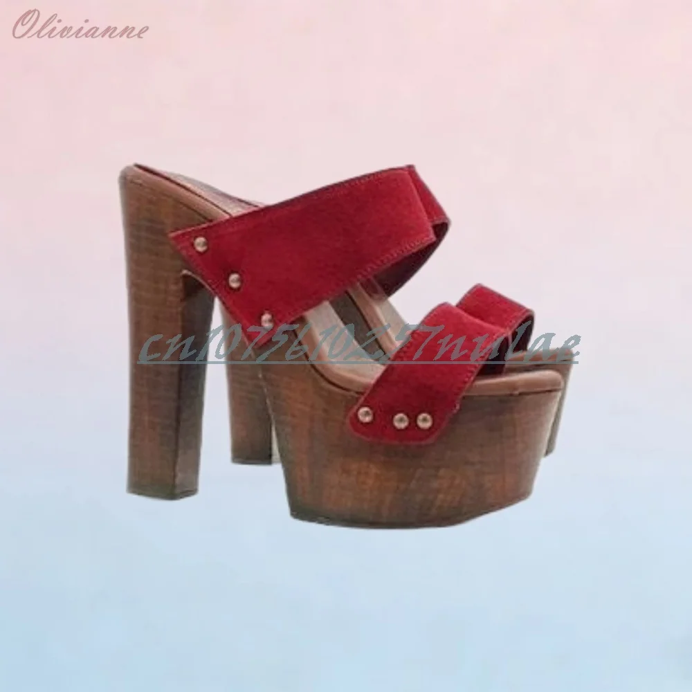 

Red Double Belts Decor Slippers Side Rivets Open Toe Platform Chunky High Heel Retro Style Elegant 2026 Zapatos Para Mujer