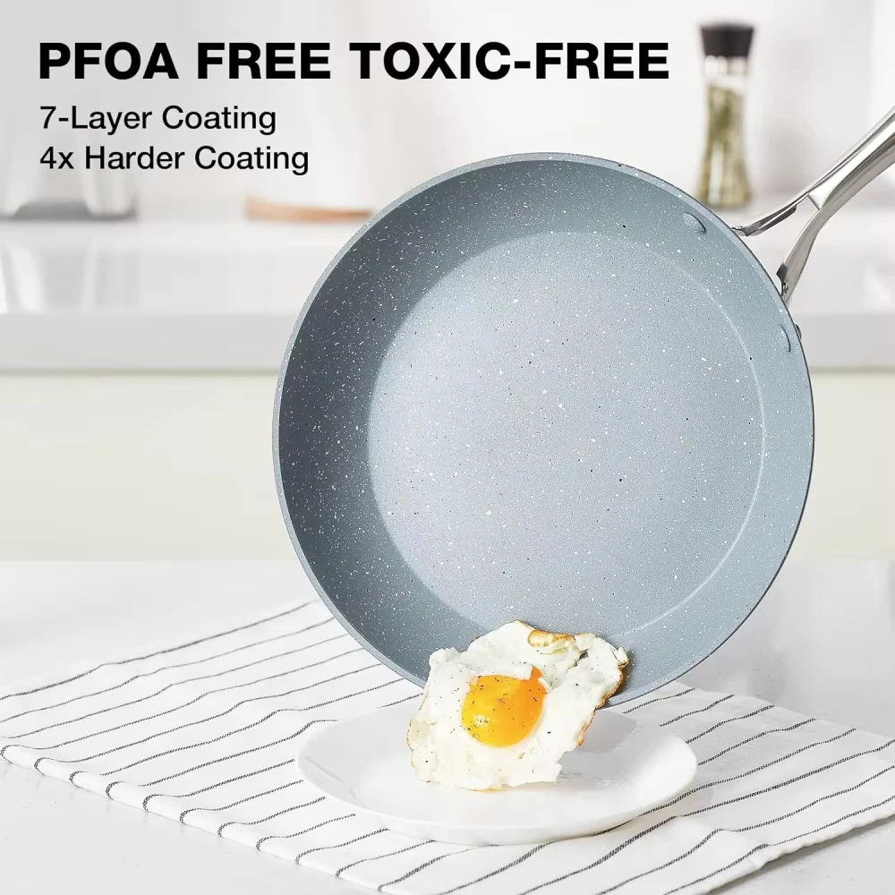 Hlafrg 8 Inch Alumini Non-stick Pancake Frying Pan Glass Lid,Three-layer Marble Coating with Heat-Resistant Handle Multifunction