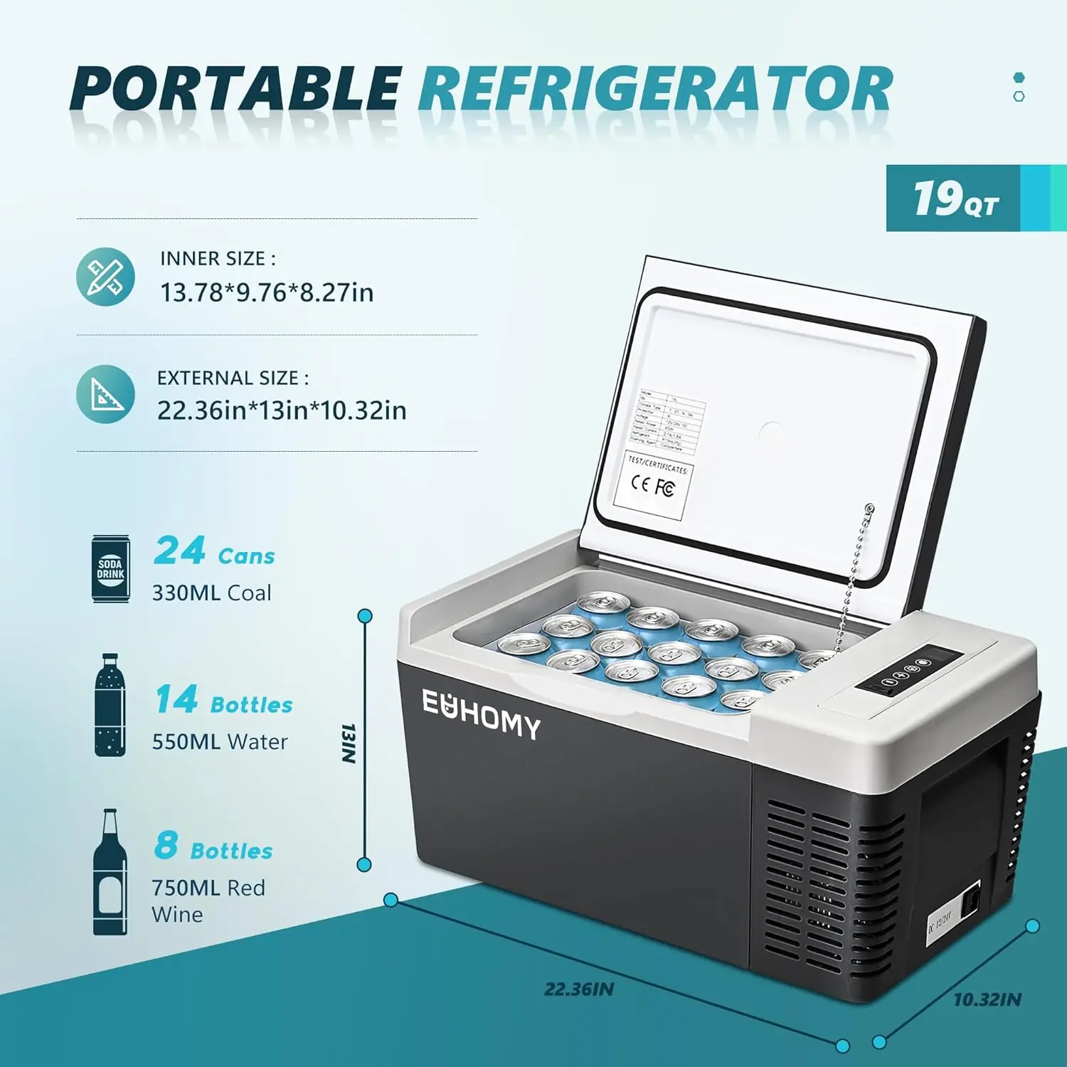 12 Volt Refrigerator, 19QT(18L) Portable Refrigerator Freezer(-4℉~50℉), 12V Car Fridge Cooler with 12/24V DC & 110-240V AC