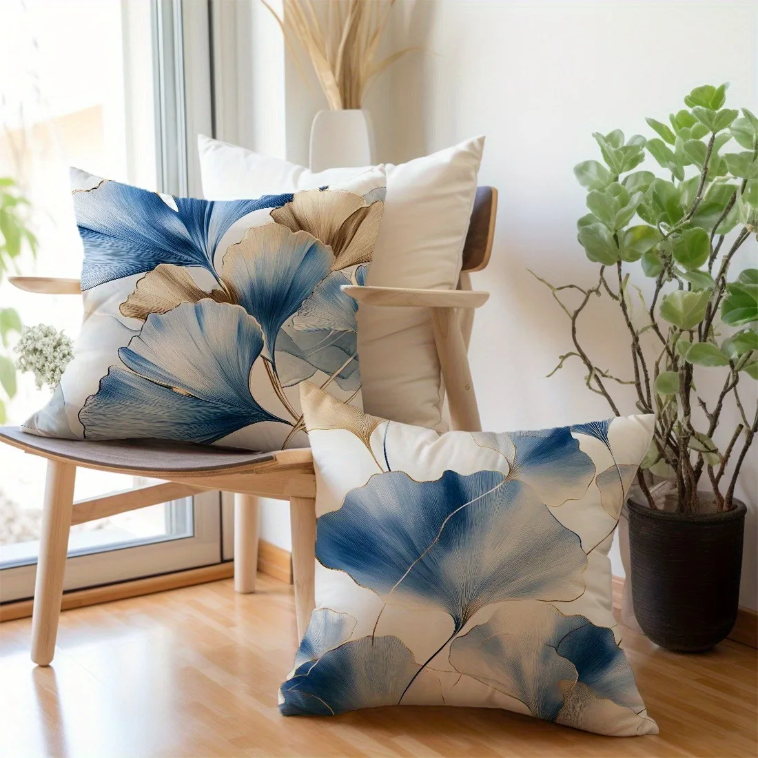 

2pcs Blue Gold Ginkgo Leaf Printed Pillow Cover Home Decoration Pillowcase Living Room Sofa Decoration Pillowcase