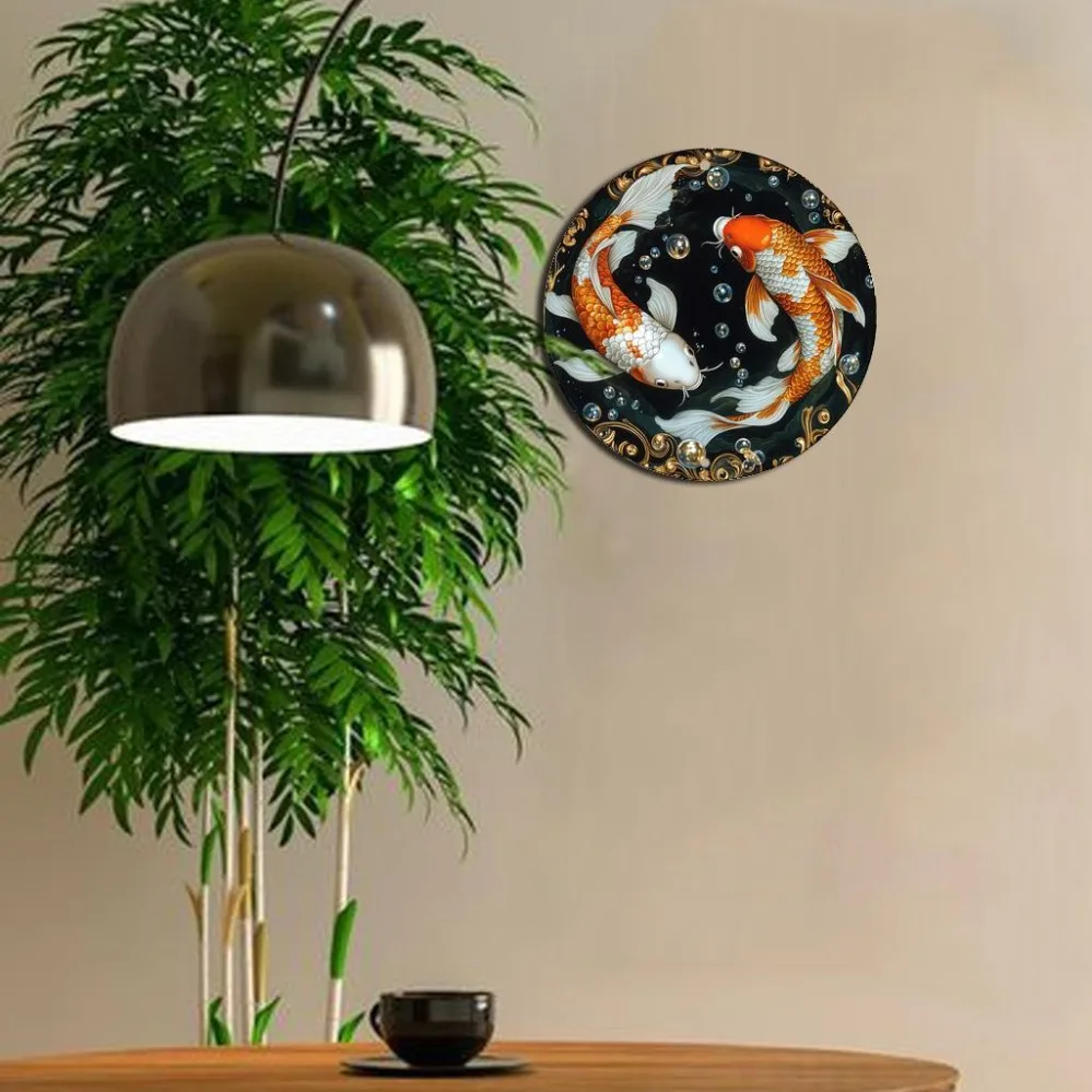 2D Metal Sign Retro Koi Fish Design Round Metal Wall Art 8x8 Inch 20x20 cm for Home Office Bar Kitchen Decor