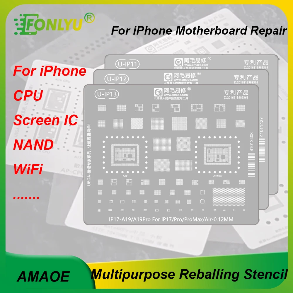 

AMAOE Multipurpose Reballing Stencil for iPhone 17Pro 16 15Pro 14 12Pro 11 XS CPU WIFI NAND Screen ICTin Planting Net Repar Tool