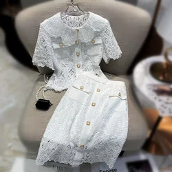 Runway Euro Spring Summer White Lace Skirt Suits Women Cardigans Tops Elegant Elegant Slim Work Office Party Skirts Suits NZ344