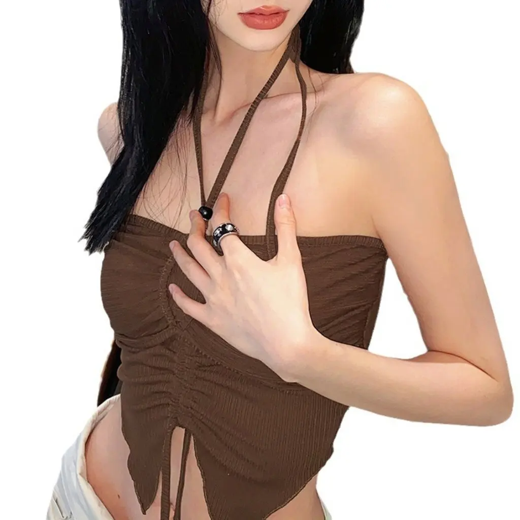 

Women's Slim-fit Navel Vest European American Style Solid Color Sexy Strap Neck Pleated Spring New