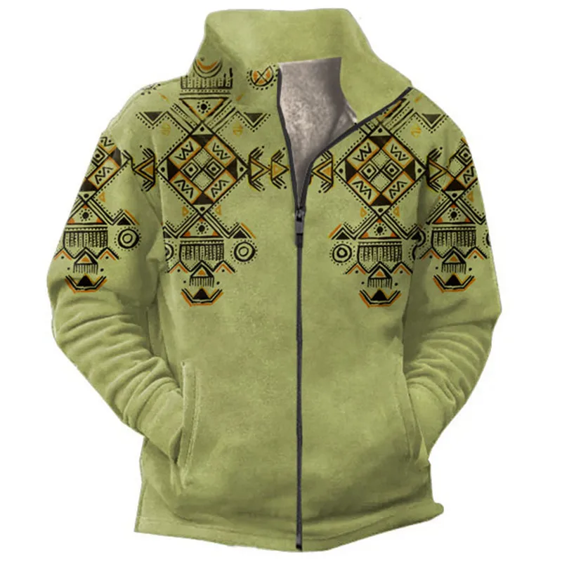 Men\'sAutumn And Winter Stand-up Collar Sweatshirt Vintage PrintedColor Matching Zipper Half Cardigan Thick Color Contrast Hoodie