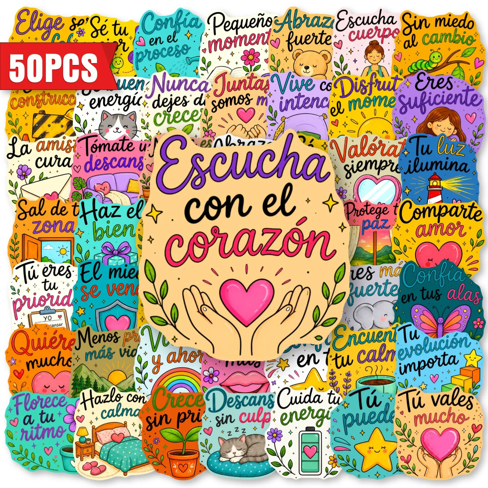 50 PCS Spanish Healing Inspirational Text Fun Stickers Pack Scrapbook Luggage Phone Case Thermos Cup Non Repeated Decals
