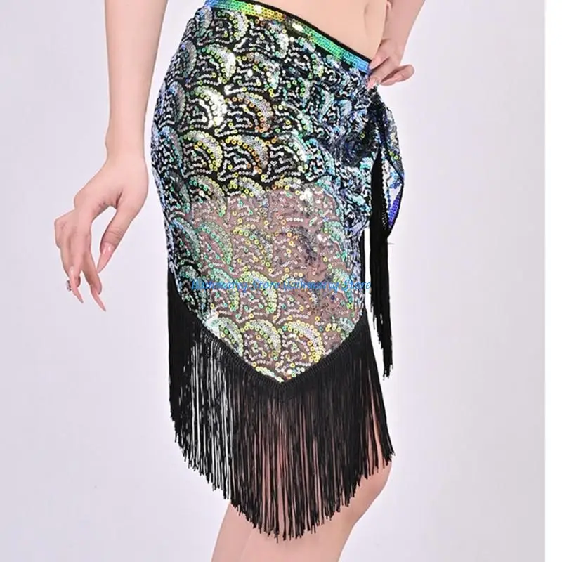 

573B Foldable Dance Practice Accessory Sequined Hip Scarf for Latin Belly Performances Costumes