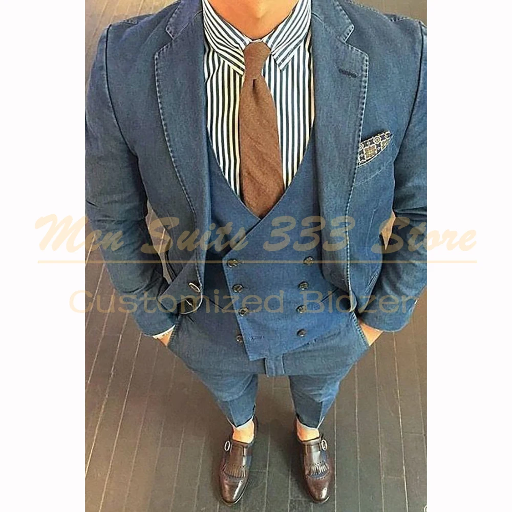 

Customzied Men's Suits Fashion 3 Piece Jacket Pants Vest Full Sets High Quality Denim Male Clothing Daily Male Clothing Outfits