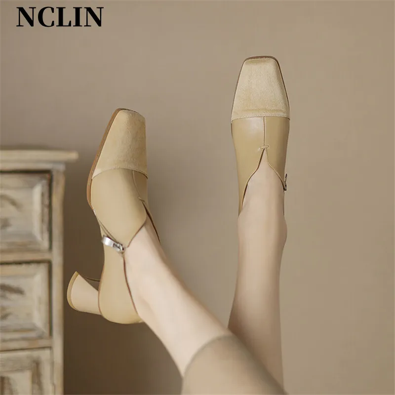 2024 Herbst Echt leder Slipper Französisch Square Toe Chunky Heel High Heels Winter Frauen Pumps Schuhe für Frauen Zaptos Mujer